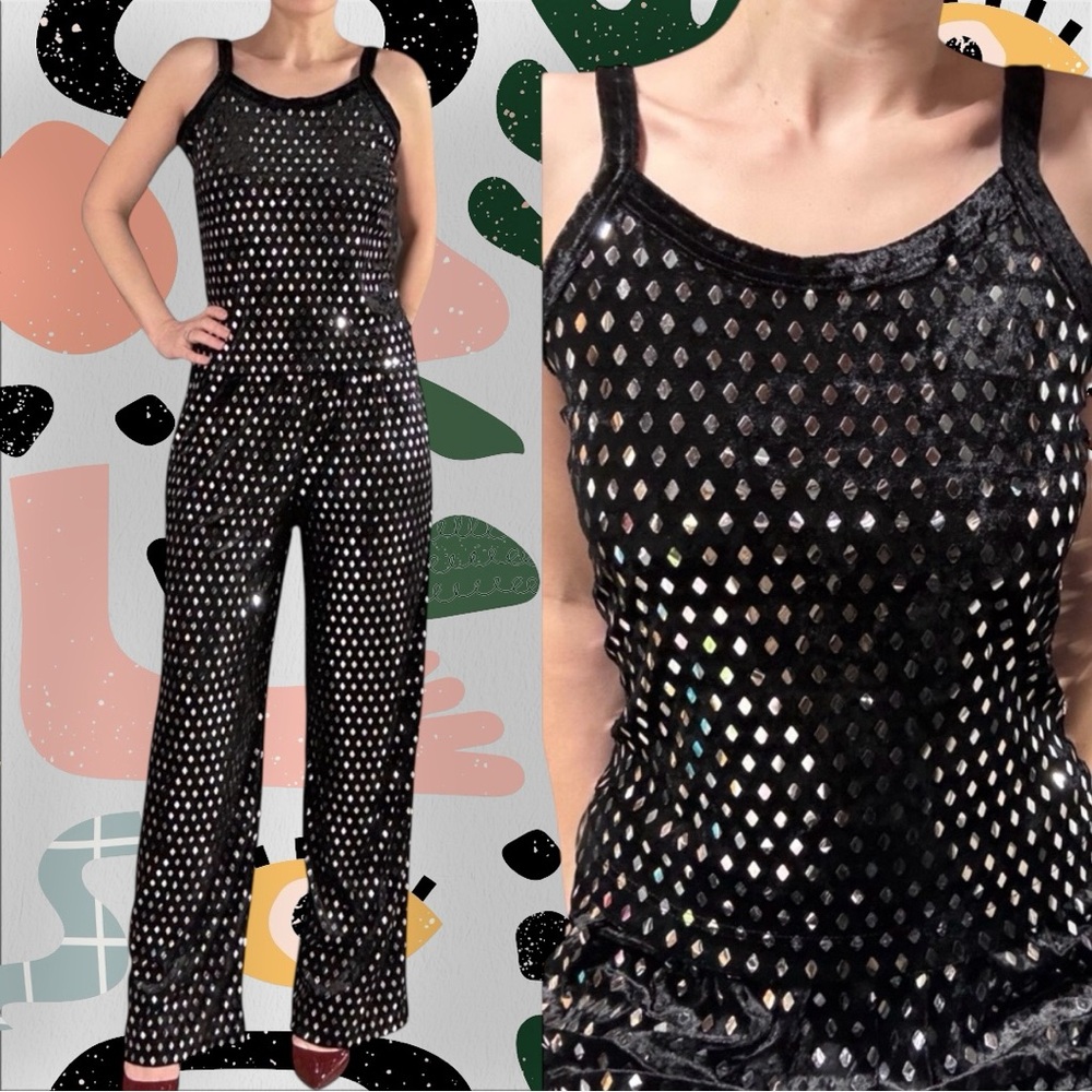 Glamour Chik | Vintage Y2K 2 Piece Black Velour Mirrored Sequin Tank + Pants Set